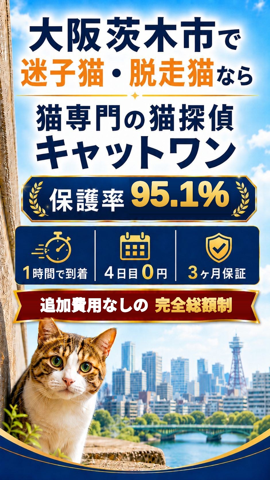 大阪茨木市で猫がいなくなったら、すぐキャットワンへ。大阪の迷子猫・脱走猫捜索／きょうと府民だより連続掲載・Googleクチコミ114件 星5.0・保護率95.1%・京都府公安委員会 第61260008号・追加費用なしの完全総額制｜ペット探偵キャットワン
