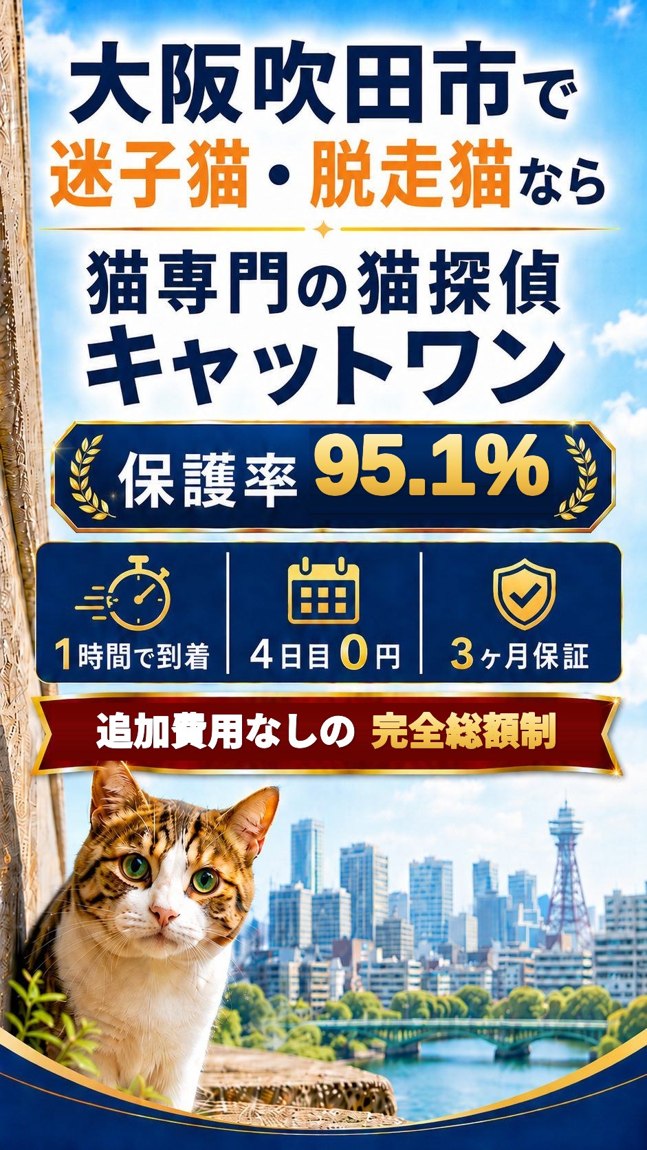 大阪吹田市で猫がいなくなったら、すぐキャットワンへ。大阪の迷子猫・脱走猫捜索／きょうと府民だより連続掲載・Googleクチコミ114件 星5.0・保護率95.1%・京都府公安委員会 第61260008号・追加費用なしの完全総額制｜ペット探偵キャットワン