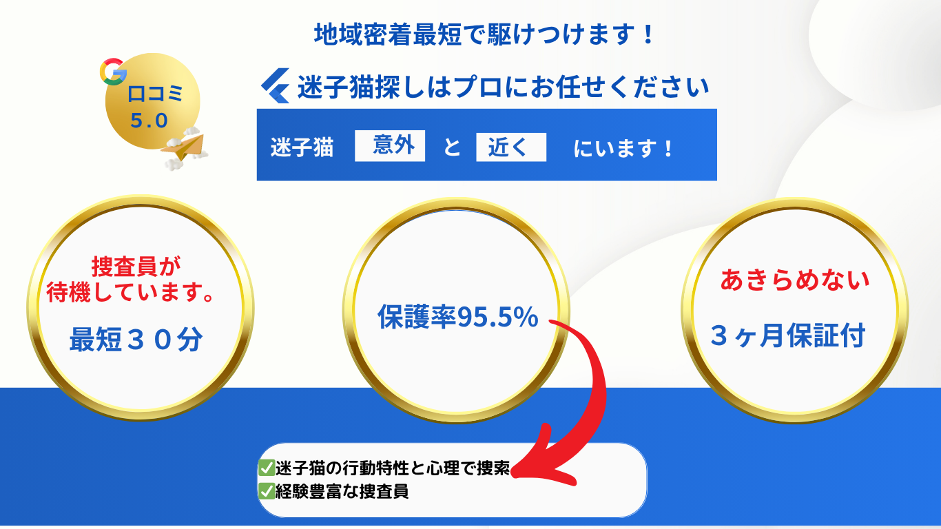 脱走猫捜索サービス「キャットワン」の広告。保護率95.5%、最短30分で駆けつける圧倒的スピード対応をアピール。口コミ評価5.0、保護後3ヶ月のサポートも付いている。