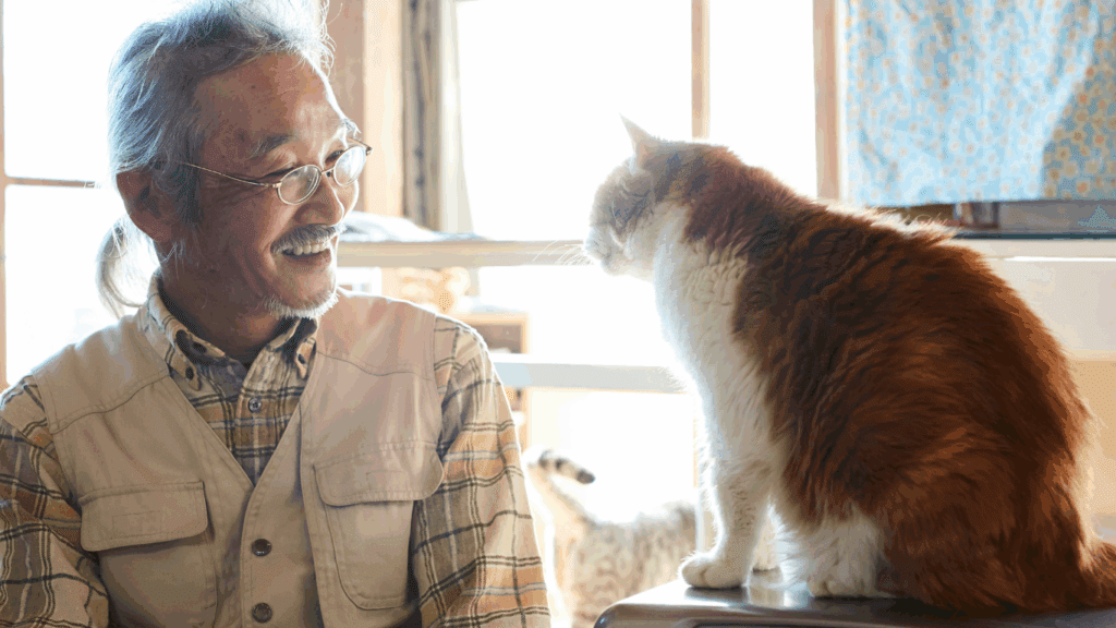 脱走猫が無事に帰ってきて微笑む買う主と猫ちゃん