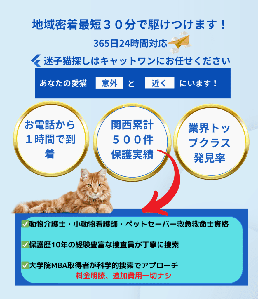 ペット探偵キャットワン迅速対応、地域密着 業界トップクラスの保護率