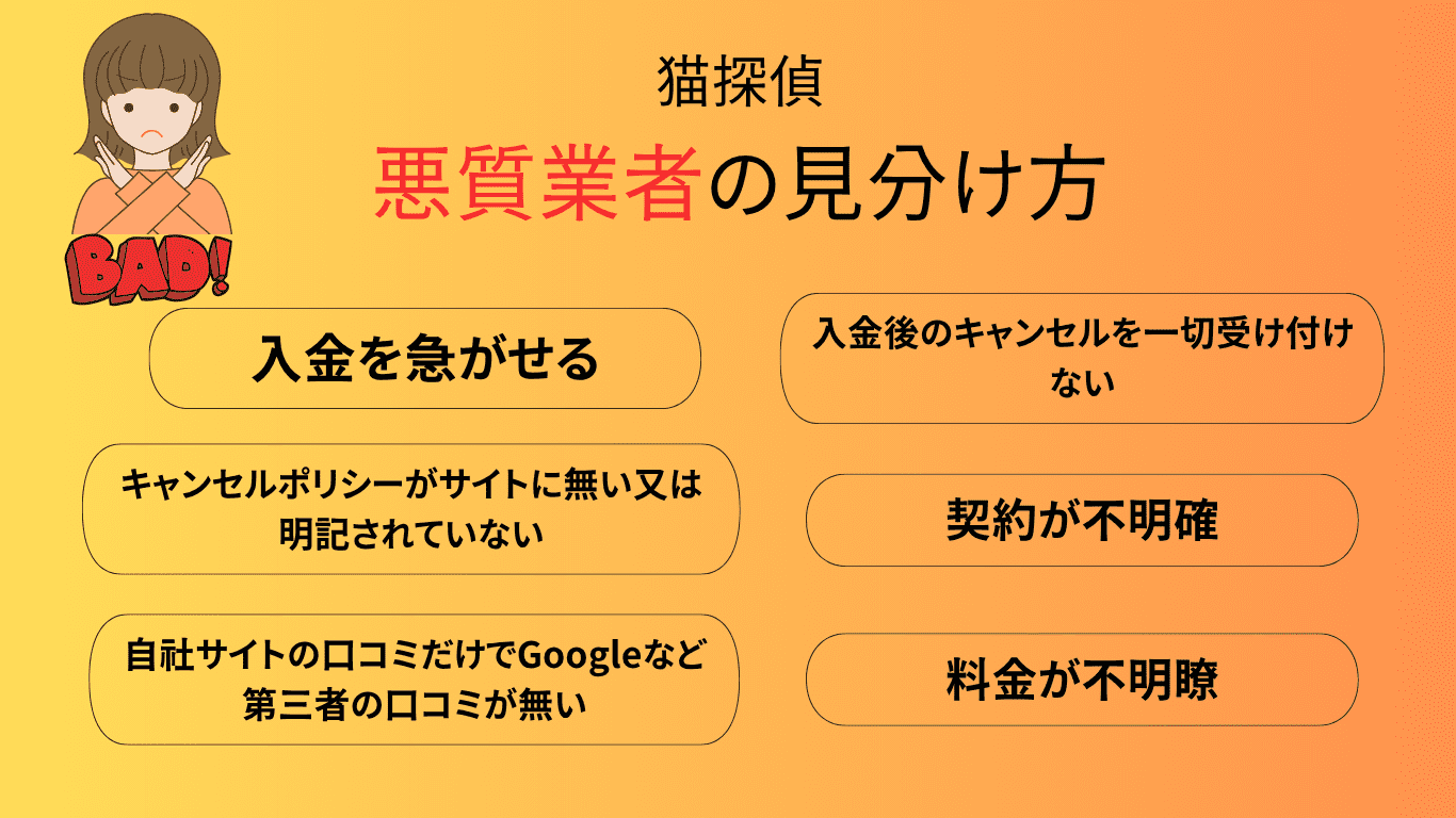 猫探偵の悪質業者の手口（入金催促、不当な契約など）の見分け方を示す画像