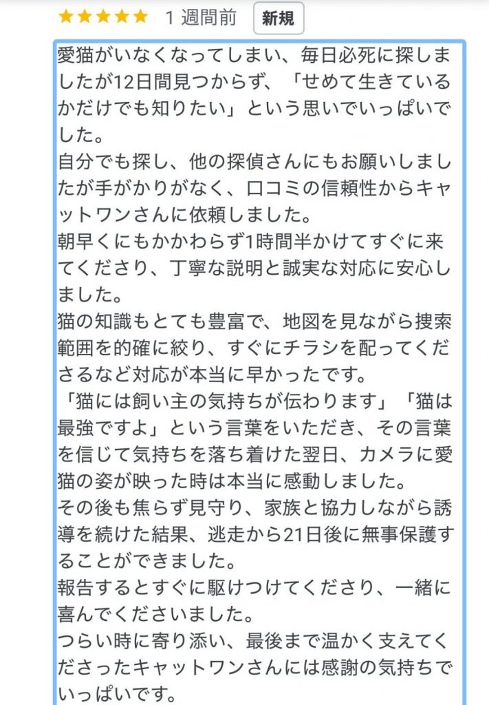 キャットワンに寄せられたGoogleクチコミの画面