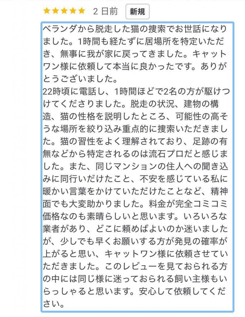 キャットワンに寄せられたGoogleクチコミの画面