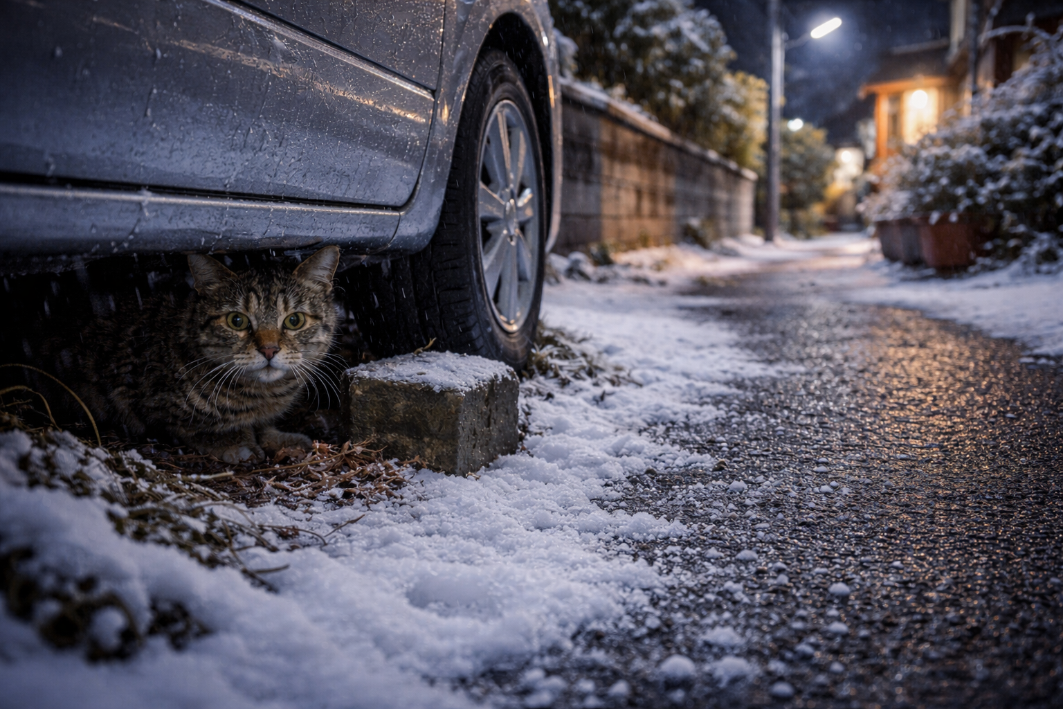 車の下に隠れる猫