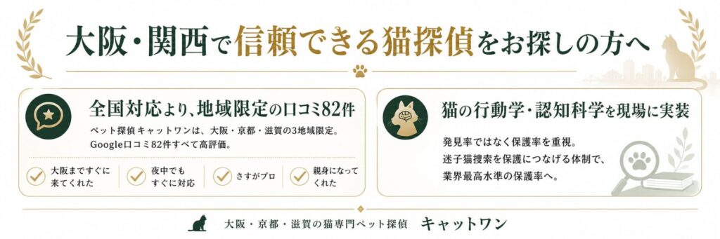 alt="大阪・関西で信頼できる猫探偵を探すなら地域限定口コミ82件。ペット探偵キャットワンは猫の行動学・認知科学を現場に実装し、保護率を重視する猫専門ペット探偵"